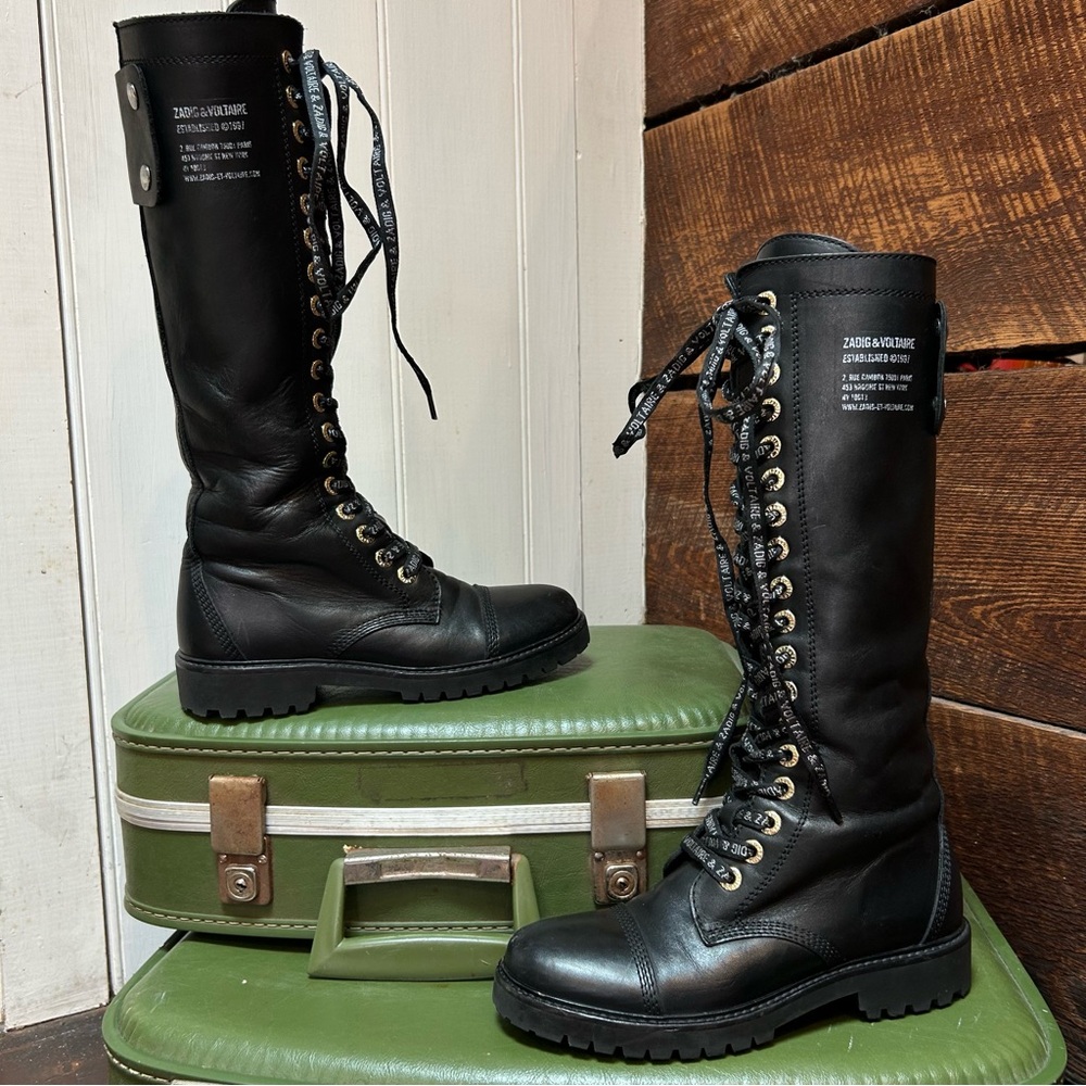 Zadig & Voltaire Goth / Industrial Leather Lace Up Tall Combat Moto Boots 37 - Picture 3 of 13
